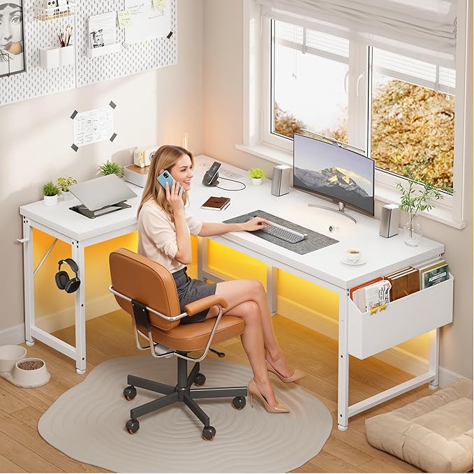 L Shaped Desk with 0.95 Inch Thicker Desktop &amp Storage Bag Computer Desk with Power Outlets &amp Lights Reversible Gaming Desk for Home Office Corner Desk Study Room Living Bedroom White