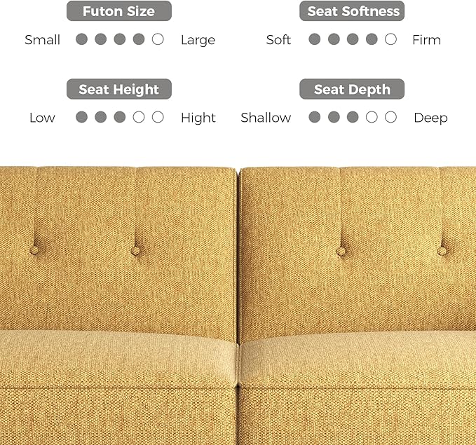 89” Futon Sofa BedComfy Futon Couch Bed with 2 Square PillowsConvertible Sleeper Sofa with Adjustable Backrest&amp Armrests Modern Loveseat Sleeper for Living Room Bedroom Linen Yellow