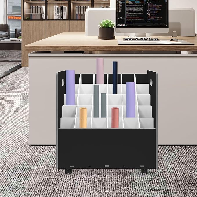 Mobile Roll File Storage Organizer with Wheels 30 Slots Black Mobile Files Storage Cabinet Construction Plan Holders Roll Files Storage for Office School (30 Slots Black)
