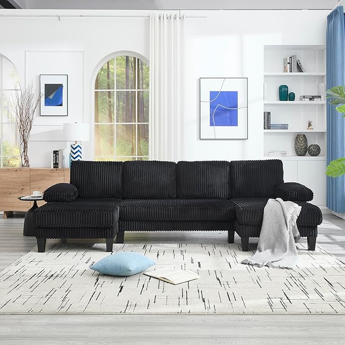 114.2” W Corduroy Sectional Sofa for Living Room U-Shaped Couch with Double Chaises and Comfortable Backrest Modern 4-Seater Deep Cloud Sofa (Black)