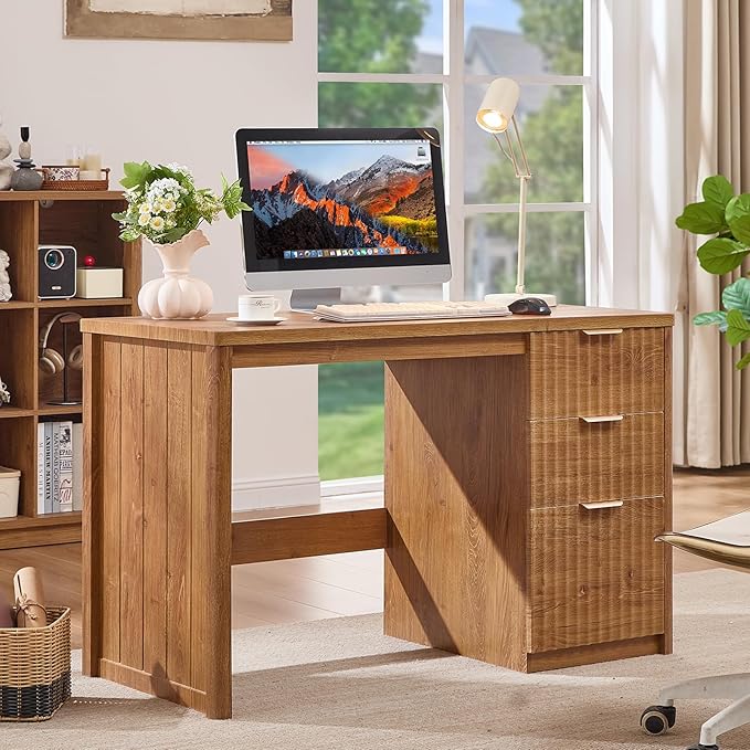 48 Modern Fluted Home Office Desk with Storage Cabinet Brown Wood Executive Desk with File Drawer &amp Golden Handles Large Computer Writing Table for OfficeStudy Living Room Bedroom