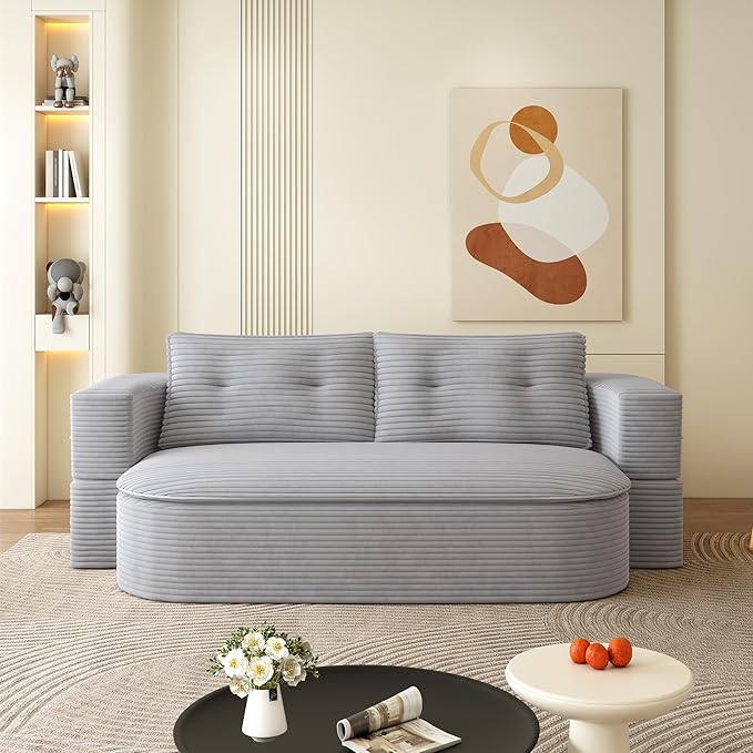 78.7 Convertible Sofa Bed 2-in-1 Folding Floor Couch with 2 Pillows and Blanket Plush Corduroy Fabric Sleeper Sofa for Living Room and Bedroom No Assembly Required (Light Grey)