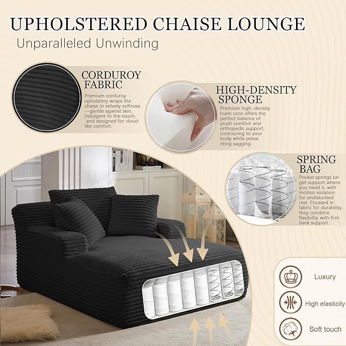67 Inch Oversized Chaise Lounge Chair IndoorBoneless Corduroy Sofa Bed with Spring CushionDeep Seat Cloud Couch and Reading LoungerSoft Sleeper Sofa for Living RoomNo Assembly Required (Black)
