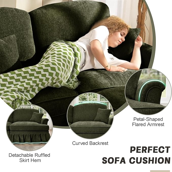 healthomse Modular Sectional Sofa Couch Comfy Chenille Two-Seat Sofa with Removable Ruffles Pleats Skirts Elegant Mid Century Sofa Couch for Living Room Bedroom Apartment (Green 76.4inch)