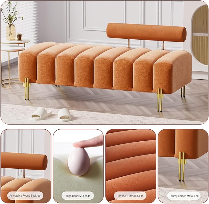 Small Loveseat Sofa Couch 52.2 Modern Velvet Mini Sofa for Bedroom Golden Legs Channel Tufted Settee Loveseat with Adjustable Back for Living Room Apartment Compact Small Space Orange