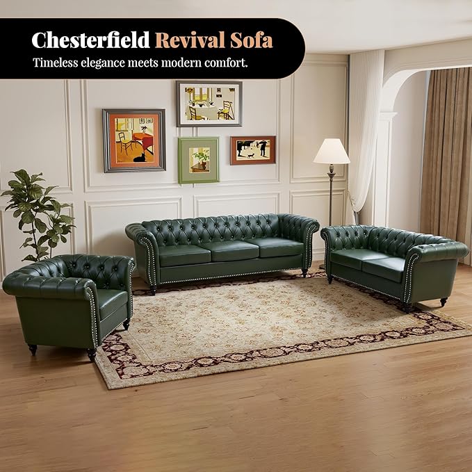 LEVNARY Chesterfield Sofa 3 Seater Tufted Couch for Living Room Classic Button Tufted Upholstered Sofa Modern Mid-Century PU Leather Sofa (Green)