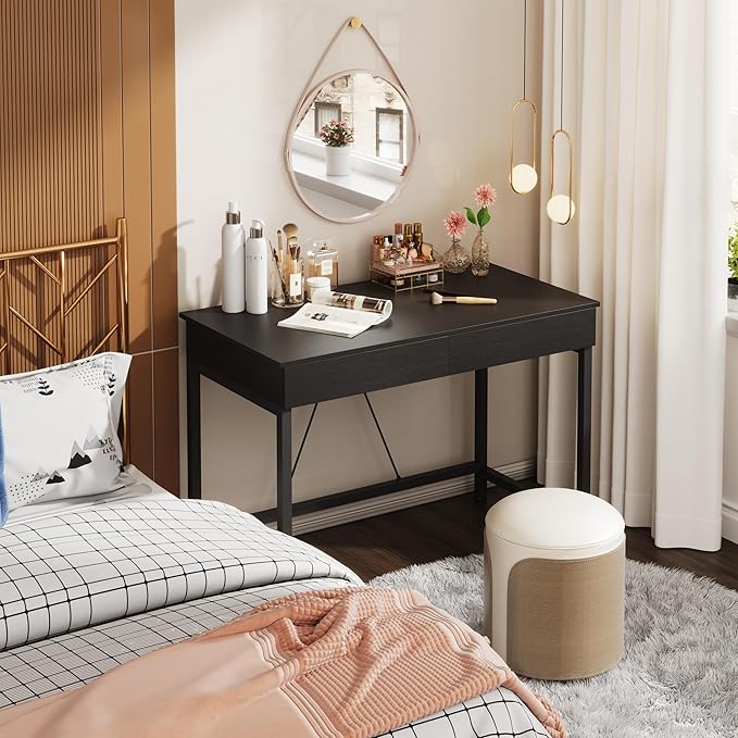Mexin Small Black Desk with 2 Wooden Drawers 40 Inch Home Office Writing Desk Black Vanity Desk with Storage Computer Desk for Bedroom Small Spaces Table for Office Work Kids Study Makeup