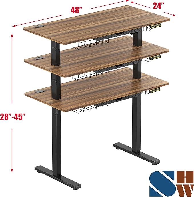 SHW 48-Inch Electric Height Adjustable Standing Desk with Drawer Memory Preset and Cable Management Tray Walnut