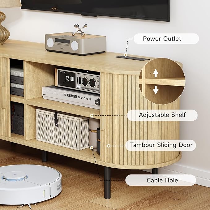55 TV Stand with Power Outlet Modern Media Console with Sliding Doors Entertainment Center for TVs up to 60 Inch Adjustable Shelves Oak