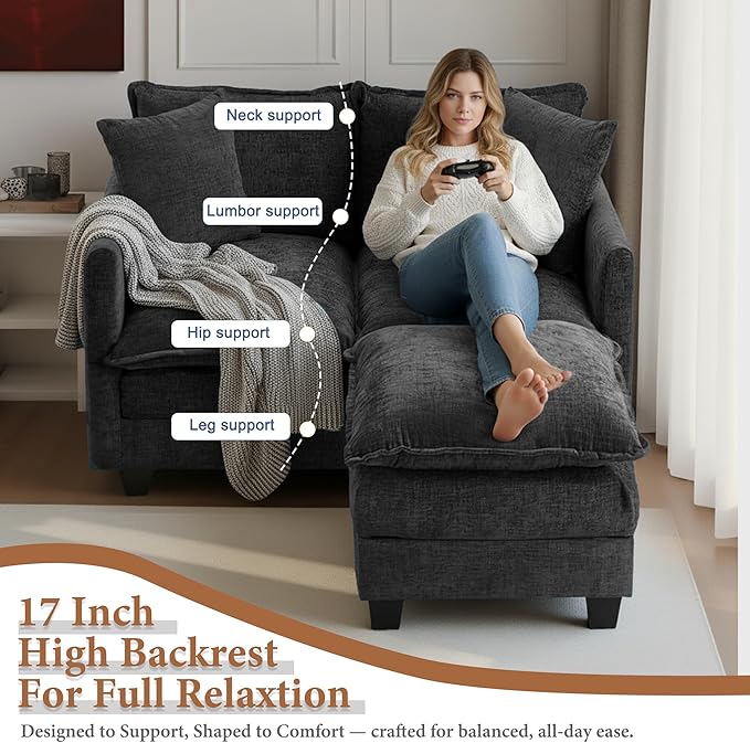 50 Loveseat Sofa with Ottoman| Chenille L Shape Love Seat Couch with 2 Pillows | 27.16 Deep Seat for Small Spaces Bedroom Dorm Apartment | Black