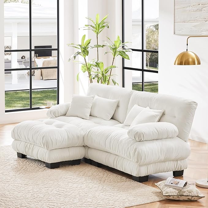 Deep Seat Sectional Sofa 94.4 Comfy Cloud Couch Loveseat with Ottoman Chenille 2 Seater Sofa with 2 Lumbar Pillows and 2 Throw Pillows Couches for Living Room (White 2 Seat + 1 Ottoman)