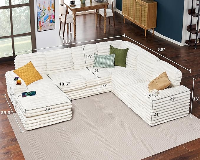 PaPaJet 112 Inch U Shaped Couch Oversized Couch with Storage Sectional Sofa with Chaise &amp 2 USB Ports Faux Fur White Sofa