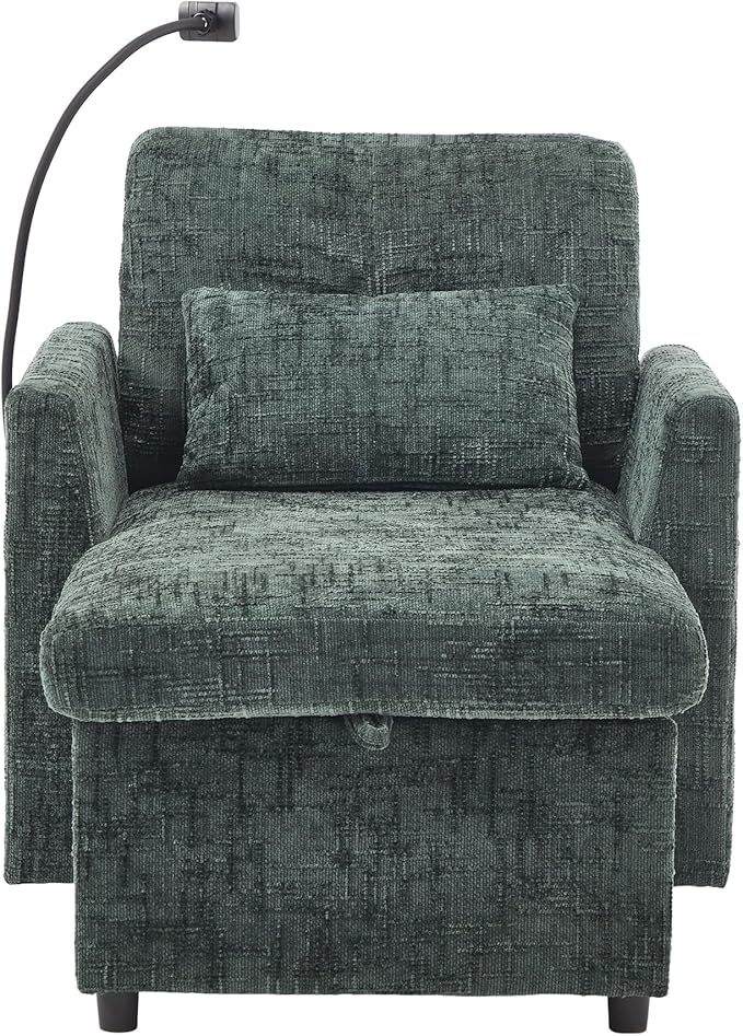32 Comfy Chaise Lounge Sofa Bed Chair with Storage Side Pockets Phone Holder &amp 2 Pillows Modern Chenille Upholstered Sleeper Sofa Leisure Chair for Living Room Bedroom Small Spaces (Emerald)