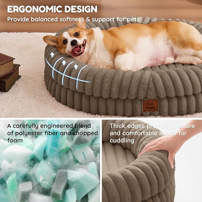 Dog Bed Large Sized Dog - Luxury Striped Faux Fur Waterproof Dog Couch with Removable Washable Cover Orthopedic Dog Bed with Bolster Sides for Sleeping Taupe
