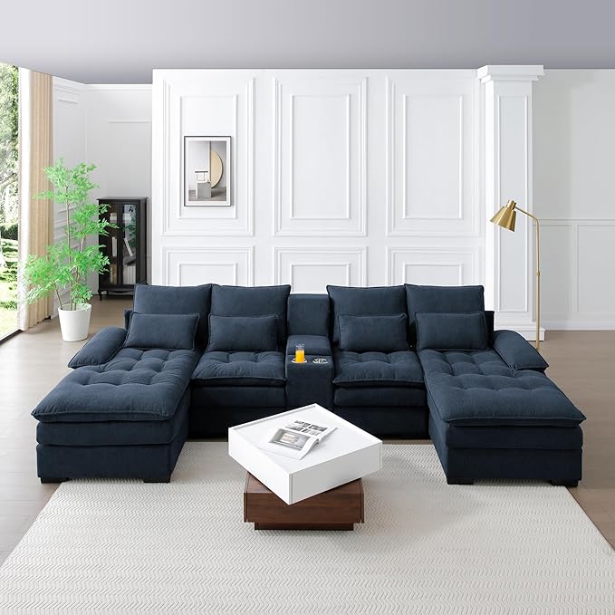KEIKI 130 U-Shaped 6 seat Sofa with Storage Console Cup Holders Upholstered Sectional Sofa Button Tufted Cloud Cushion Couch for Home Office Apartment Blue