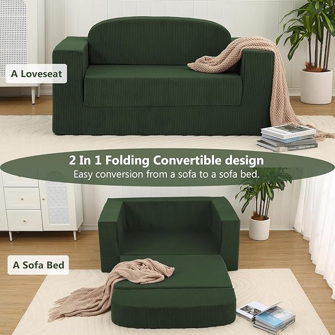 MeMoreCool Green Corduroy Fold-Out Loveseat Sofa Bed – Boneless Convertible Floor Couch with Foam Compact Sleeper Futon with Washable Cover No Assembly Required for Small Spaces &amp Bedroom