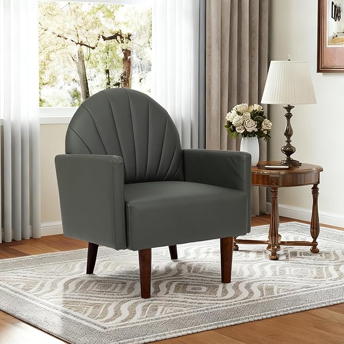 Mid-Century Accent Chair Faux Leather Armchair - Shell-Shaped Back Waterproof PU Leather Modern Retro Lounge Chair for Living Room Office Bedroom &amp Waiting Room