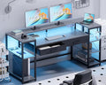 Pamray 58 Inch Computer Desk with Monitor Stand and Shelves Gaming Desk with LED Lights &amp Power Outlets PC Vanity Table with 2 Drawers for Home Office Grey