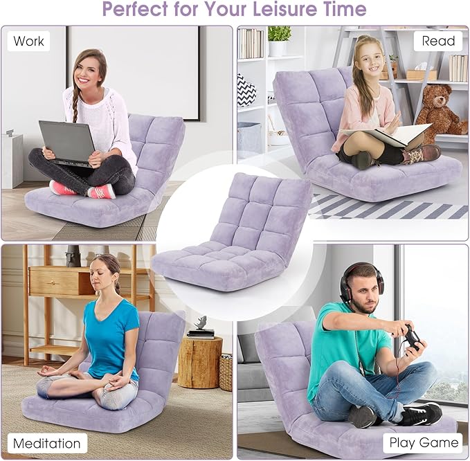 Moccha 14-Position Floor Sofa Folding Sofa Chair with Back Support Memory Foam Floor Gaming Chairs for Adults Adjustable Padded Couch Recliner Chaise Lounge for Reading Meditating (Light Purple)
