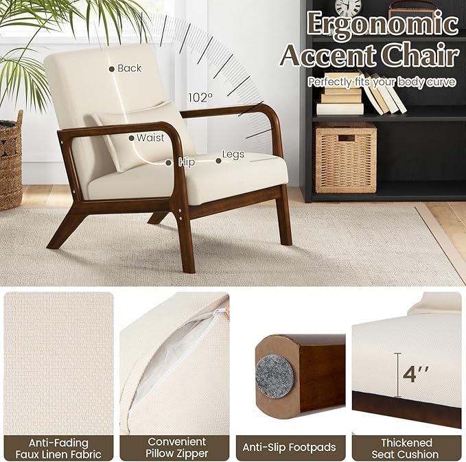 MAT EXPERT Mid Century Accent Chairs Set of 2 Modern Sofa Armchair with Solid Wooden Frame Soft Padded Cushion &amp Linen Fabric Upholstered Living Room Reading Chair with Pillow for Bedroom Balc