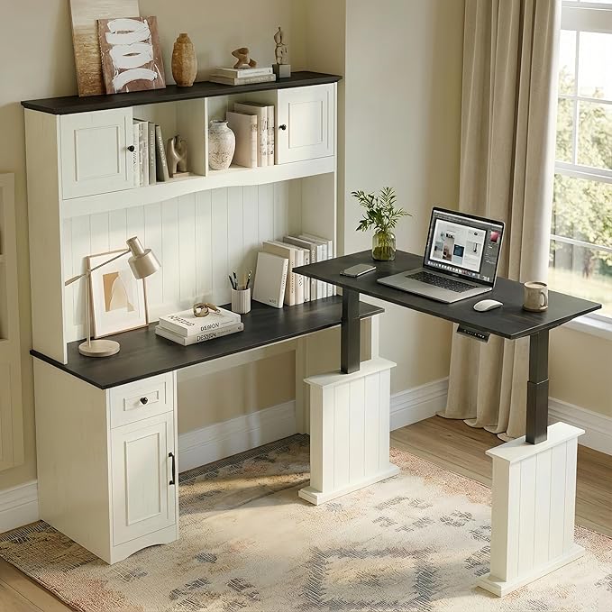 FEZIBO 60 L Shaped Executive Standing Desk with Hutch and Storage Cabinet Farmhouse Standing Desk with Charging Station Reversible Home Office Workstation Antique White