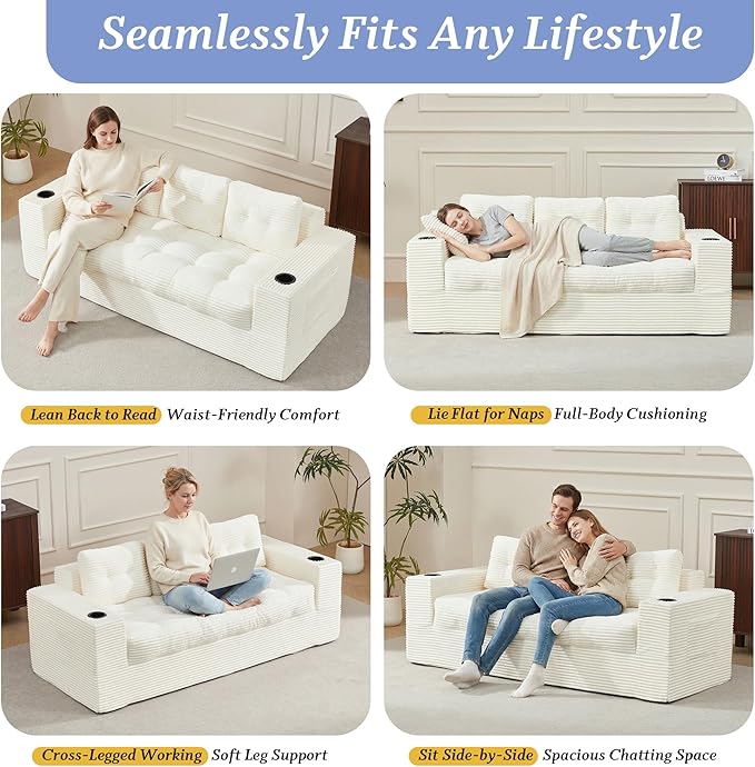 HOMREST Boneless Couch for Living Room 75 3-Seater Sofa w/ 61 Bean Bag Chair Upholstered Cloud Sofa with Cup Holder No Assembly Couch Compressed Floor Sofa for Bedroom Dorm Apartment Beige