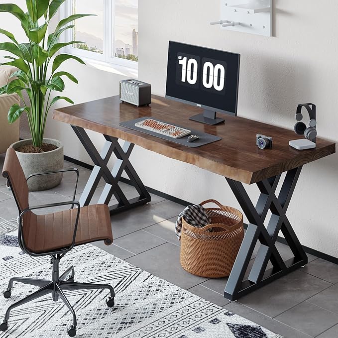 Solid Wood Computer Desk Study Office Desk 55 Writing Desk Modern Simple Style PC Table Black Metal Frame Solid Wood Planks 55 D x 27 W x 29 H for Home Office BedroomRustic Brown