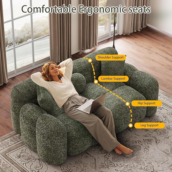 65 Chenille Cloud Sofa Couch Modern Deep Seat Loveseat Sofa Comfy Upholstered Couch with 3 Pillows Oversized Accent Armchair for Living Room Apartment Office Green