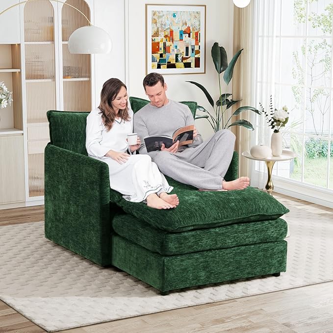 Oversized Chaise Lounge Chair Indoor Modern Comfy Chenille Cloud Accent Chair and A Half with Ottoman Single Deep Seat Sofa Couch Reading Armchair for Living Room Bedroom Apartment Green