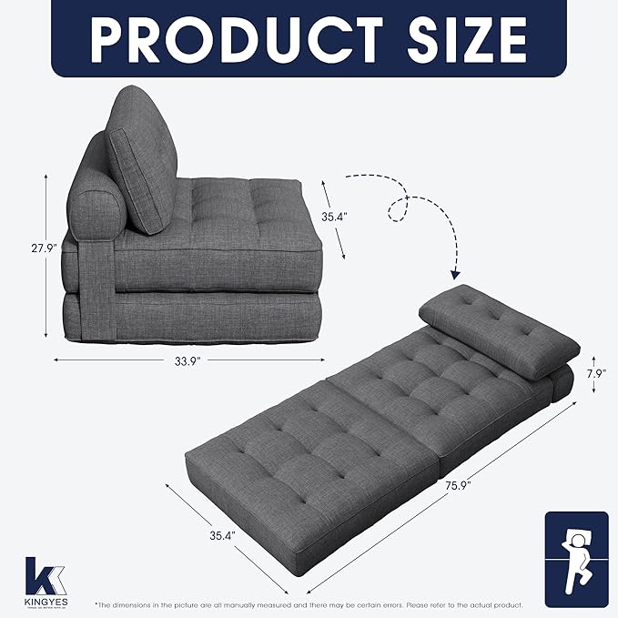 KINGYES Folding Chair Bed 3 in 1 Convertible Sleeper Chair with Pillow Foldable Futon Chair for Living Room Gray