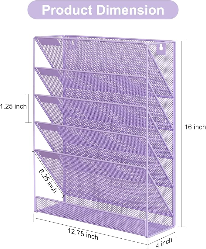 EasyPAG 5 Tier Wall File Holder Mesh Hanging Folder Organizer with Classify Label Versatile Desk File Holder Vertical Wall Mounted Mail Organizer for Office Home Cubicle Purple