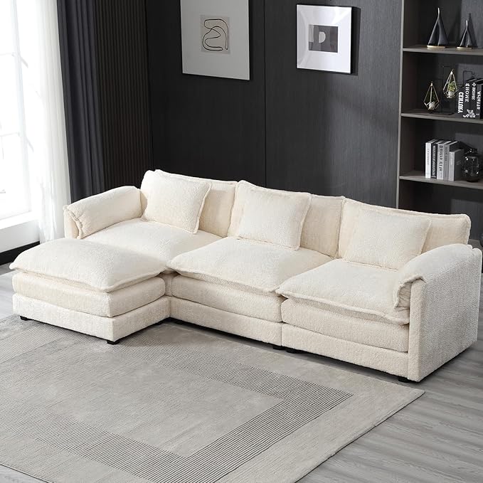 kevinplus 112'' Sectional Sofa Couch with Convertible Ottoman for Living Room Modern Contemporary 3-Seat L-Shape Sofa Couch for Apartment Home Office Thick Cushion &amp Boucle Fabric Beige