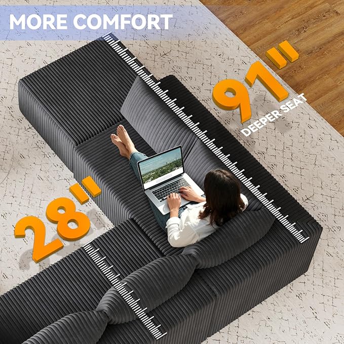 135 U Shaped Boneless Couch Oversized Boneless Sectional Couches for Living Room Large Modular Sofa with Ottoman Plush Corduroy Couch with Deep Seat Chaise No Assembly Black