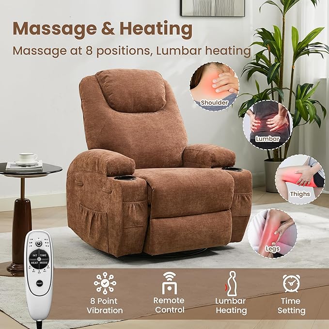 Wide Recliner Rocking Chair for Living Room Comfortable Lounge Seat with Relaxing Massage &amp Heat Soft Armrests Perfect for Living Room Bedroom or NurseryBrown