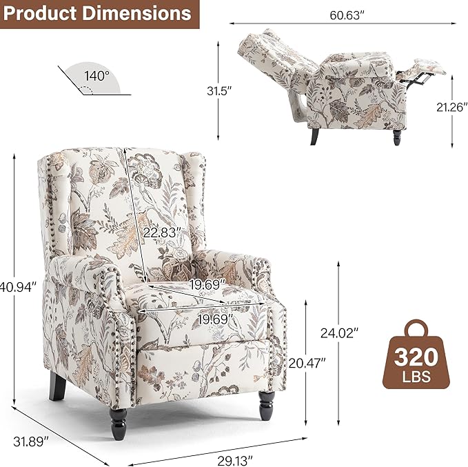 Wingback Recliner Chair Floral Fabric Pushback Recliner Chair Upholstered Armchair Push Back Recliner Rivet Trim Single Sofa Accent Chair with Wood Legs for Living Room Plants Beige