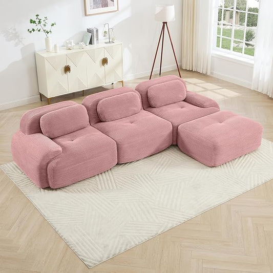 116 Modern Compressed Boneless Couch with Ottoman 3 Seater Large L Shaped Sectional Couches for Living Room Pink Corduroy Cloud Modular Sectional Sofa Memory Foam Extra Deep No Assembly