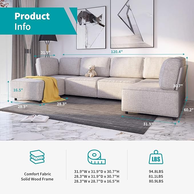 BALUS U Shaped Modular Sectional Sofa L Shaped Oversized Sofa Furniture Set with Ottoman Free-Combined Sleeper Couch with Chaise Reversible for Living Room Beige