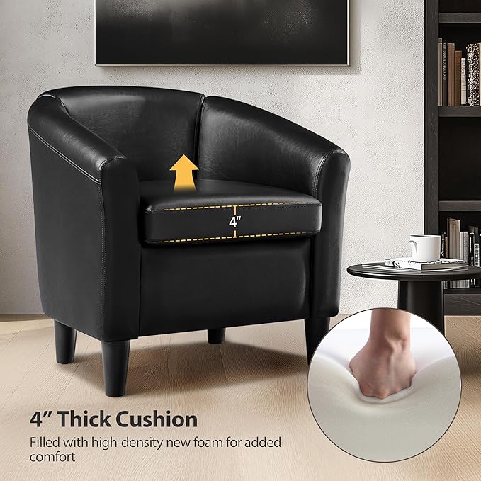 Topeakmart Faux Leather Club Chair Modern Accent Chair and Cozy Barrel Armchair with Sturdy Legs for Living Room Bedroom Reception Room Black