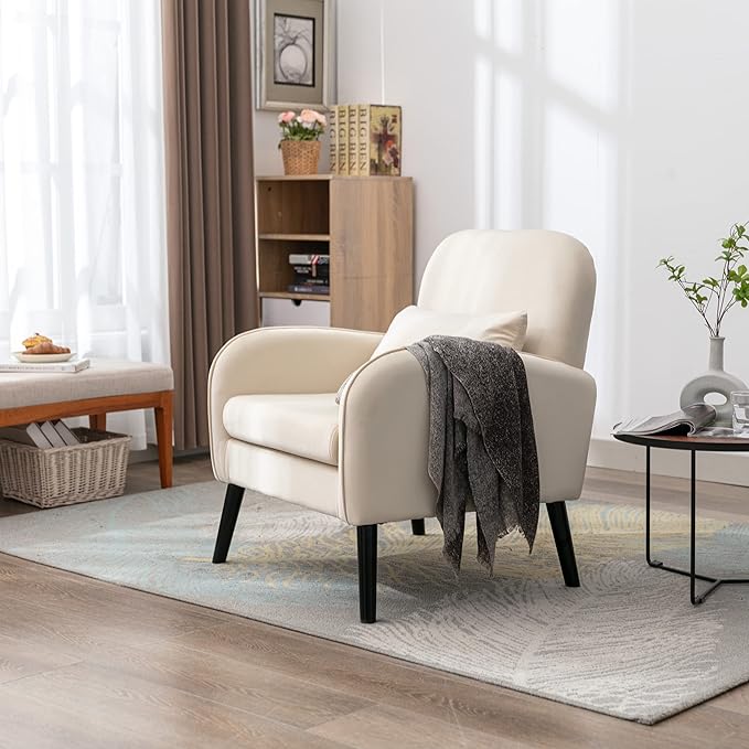 Mid Century Modern Accent ChairSingle Sofa Chair with Solid Wood Legs Comfy Fabric Upholstered Reading Armchair with A Soft Cushionfor Living Room BedroomApartmentOffice (Cream)