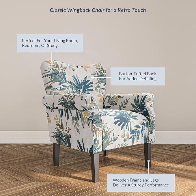 BELLEZE Modern Accent Chair High Back Armchair Upholstered Wingback Side Chair Padded Single Sofa with Wooden Legs for Living Room Bedroom - Green Blue Floral