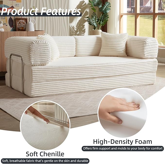 4-in-1 Convertible Folding Sleeper Sofa Bed Plush Corduroy Foldable Mattress Couch with Fixed-Shape Frame Floor Compressed Sofa for Living Room Bedroom (White)