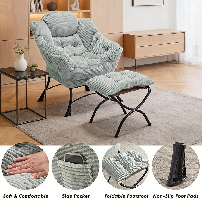 QQU Lazy Chair with Ottoman Corduroy Lounge Armchair Reading Chair with Footrest for Living Room Balcony Study (Green)