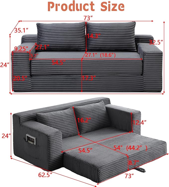 73“ Boneless Loveseat Couch 2 in 1 Pull Out Sleeper Sofa with Side Pockets &amp 2 Pillows Folding Convertible Corduroy Floor Couch for Apartment Living Room Bedroom No Assembly(Grey)