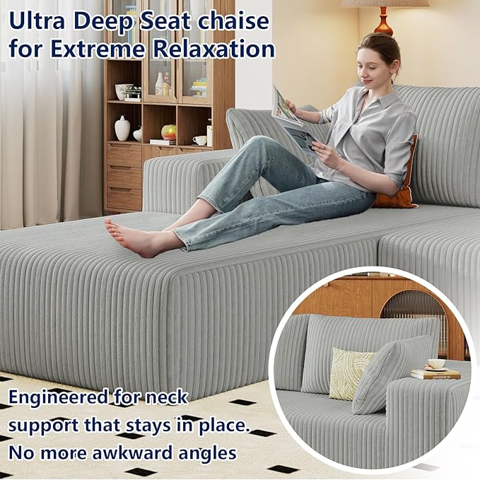 96 Modular Sectional Sofa with Ottoman Modern Corduroy Cloud Couch with Deep Seat Boneless Couch Upholstered 3-Seater U-Shaped Sofa for Living Room No Assembly (Light Grey Left-Facing Chaise)