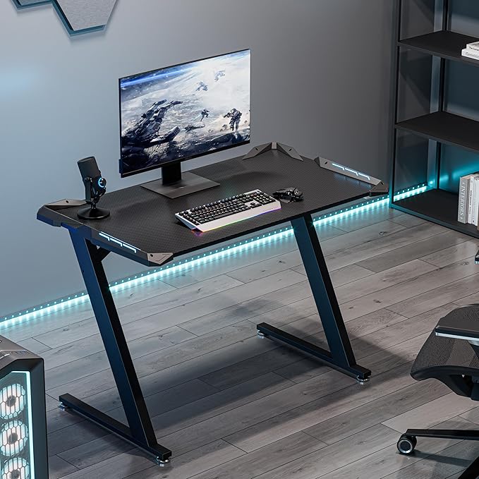 EUREKA ERGONOMIC Gaming Desk with LED Lights Home Office RGB Table Small Gaming Desk Computer Table Black