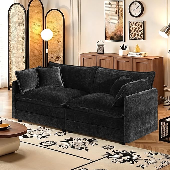 SoarFlash Chenille Sectional Sofa Comfy Modular Loveseat Sofa Modern 2-Seat Couch Deep Seat Sofa Set for Living RoomBlack