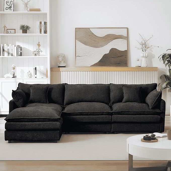 Homy Casa 102 Inch L Shaped Couch Set3-Seat Sectional Sofa with Chaise Comfortable Chenille Fabric Removable Cushions Ottoman DIY CombinationModern Design for Living/Family Room (Black)
