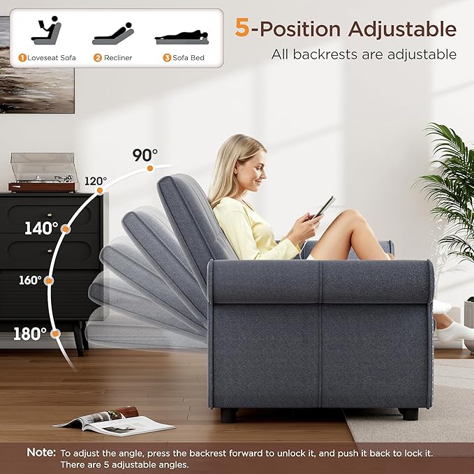 3 in 1 Sofa Bed 61 Inch Convertible Pull out Couch with Four Pillows Loveseat Sleeper Sofa with Adjustable Backrest Sofa Couches for Living Room Bedroom Apartment Chenille Fabric Grey