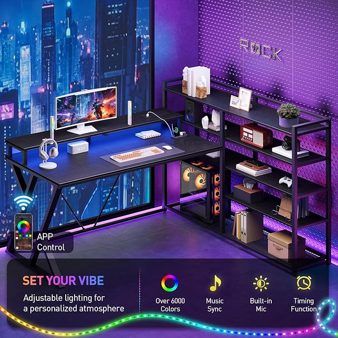 Reversible L Shaped Gaming Desk with Shelves 52'' L Shaped Computer Desk with Power Outlet and LED Light Corner Desk with Storage Shelf and Monitor Stand for Home Office Black