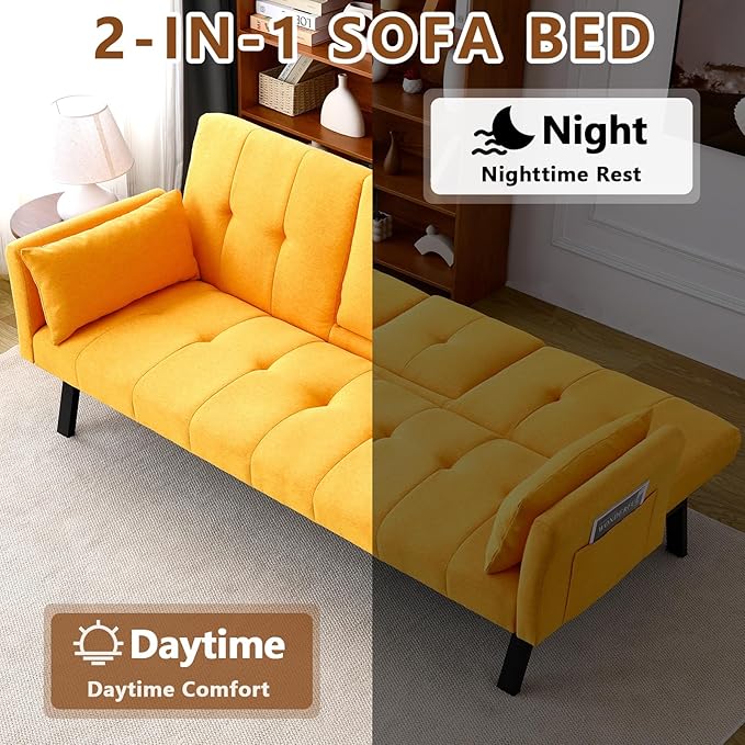 72 Cotton-Linen Futon Couch Living Room Couch Bed Convertible Sleeper Sofa Bed with Cup Holder for Bedroom Guest Bed 2 Seater Reclining Sofas Couches with Nailhead Trim for Small Space (Yellow)